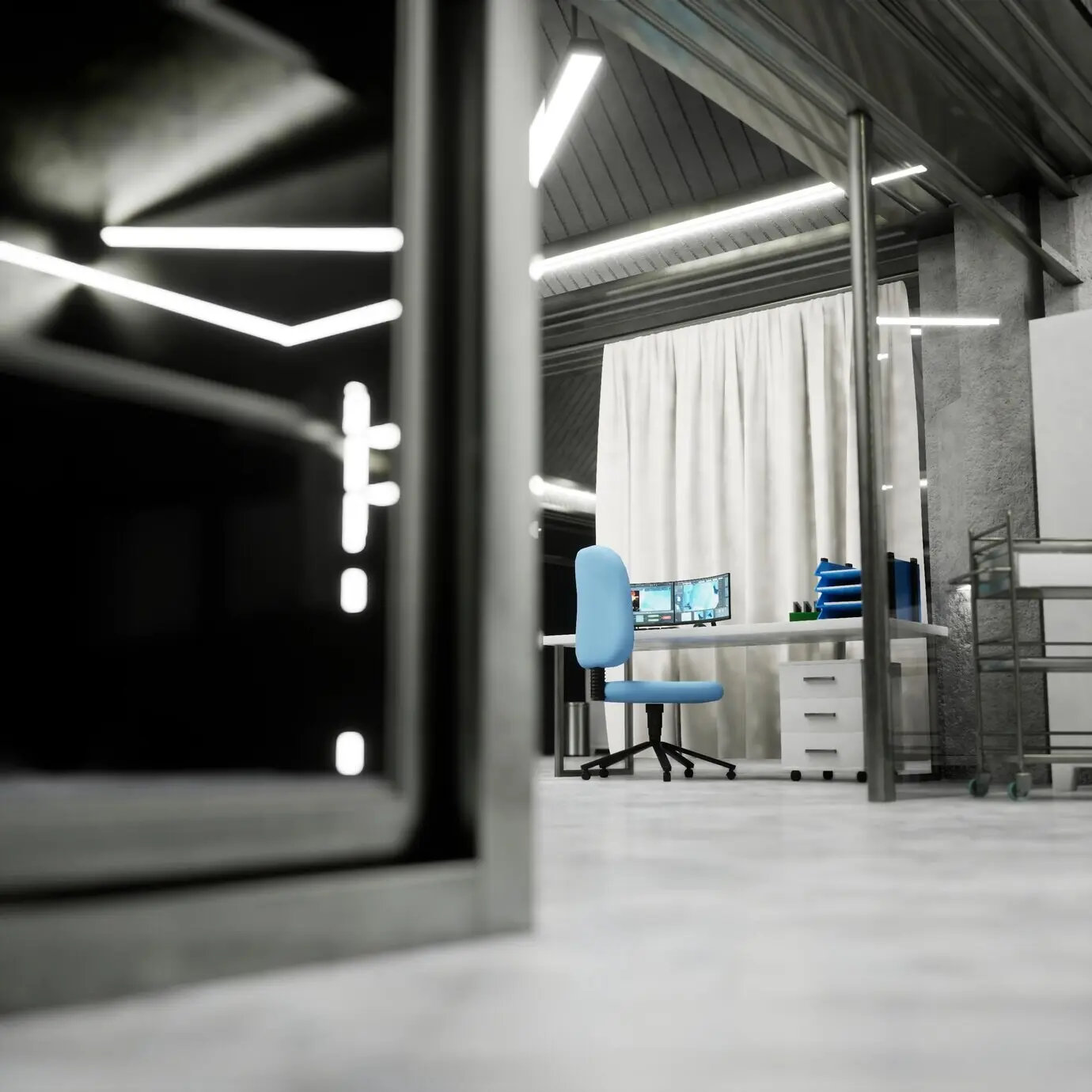 Im Hintergrund befindet sich ein intelligenter medizinischer Laborarbeitsplatz, auf dessen Computerbildschirm digitale Apps angezeigt werden.